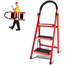 3 Step Ladder Folding, Step Stools for Adults with Wide Anti-Slip Pedals, Curved Cushioned Handrail and Safe-Lock Design, Heavy Duty Portable Multi-Purpose Ladders for Home, Kitchen, Household
