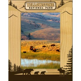 Saddle Mountain Souvenir Yellowstone Bear and Moose Silhouettes Laser Engraved Wood Picture Frame Portrait (3 x 5)