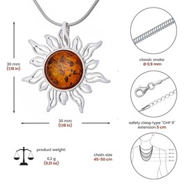 AMBEDORA Women's 925 Silver Necklace Silver Finish Shine with Nano Protection Coating Round Natural Baltic Amber Pendant Amber Sunshine on Chain Gift Set