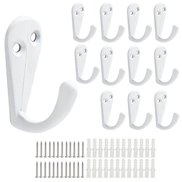 BokWin 12 PCS Coat Hooks Wall Mounted, White Single Prong