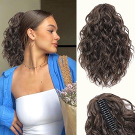 VEGALILY 12 inch Hair Extensions Clip in Chestnut Brown Ponytail extension Short Curly Claw Clip Ponytail Synthetic Drawstring ponytail Hair Pieces for Women for Daily Use