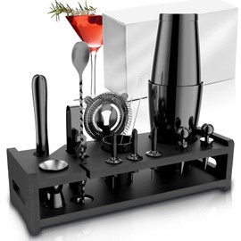 Shaker Set Bartender Kit，16-Piece Bar Tool Set with Bamboo Stand Set with All Essential Accessory Tools，for Drink Mixing, Bar, Home, Lounge & Party(28 oz Boston Shaker, Plated Black)