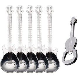 ESRISE Guitar Spoon, Guitar Coffee Spoon, Musician Gifts, Funny Music Decoration, Gift Teaspoon, Stainless Steel Gift (Silver-6 with Opener)