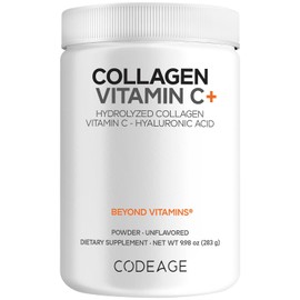 Codeage Péptidos de colágeno en polvo + vitamina C, enzimas digestivas, ácido hialurónico, aminoácidos, proteína hidrolizada, colágeno tipo I y III, colágeno alimentado con hierba, sin OMG, sin gluten, sin sabor, 10 onzas