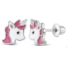 925 Sterling Silver Majestic Pink and White Enamel Unicorn Safety Screw Back Earrings for Little Girls & Preteens - Vibrant Pink Unicorn For Girls Dress Up Games - Casual Enamel Girl Earrings