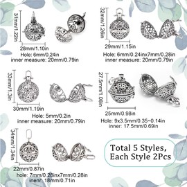 SUNNYCLUE 10Pcs 5 Styles Cage Charms Brass Locket Charms Stone Holder Necklace Silver Hollow Spiral Bead Cages Round Chime Ball Charms for Jewelry Making Charms Women Adults DIY Necklaces Crafts