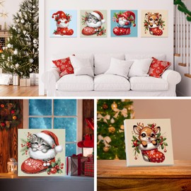Christmas Cartoon Paint by Number Kits for Kids Adults Beginners, 4 Pack DIY Kids Paint by Number Kits with Framed, Color Pictures by Number on Canvas Acrylic Easy Painting Number Kit Craft 8x8inch