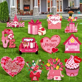 Amyhill 12 Pcs Happy Mother's Day Yard Signs Love Mom Lawn Signs with Stakes Floral Mom Yard Signs Waterproof Outdoor Mother's Day Lawn Decorations Mom Party Supplies for Garden Home(Elegant Style)