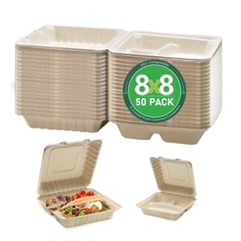yoyomax [8x8-50Pack] 100% Compostable To Go Food Containers with Lids, 3-Compartment Take Out Clamshell Container, Bio Disposable | Eco Friendly | Heavy-Duty Boxes, Made of Sugarcane Fibers