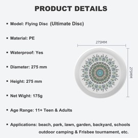 Uanvaha Mandala Floral Flying Disc Turquoise Flower Paisley Boho Feathers Ultimate Sport Disc 175g for Competitions, Team Game Exercise Outdoor Activity