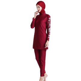 YEESAM Muslim Swimsuits for Women Girls Plus Size Full Coverage Swimsuit Islamic Modest Bathing Suits Burkini Print Red