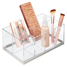 mDesign Makeup Organiser - Rising Makeup Storage with 5 Compartments Plastic - Makeup Storage for Eyeshadow, Powder, Lip Gloss etc. - Clear and Matte Silver