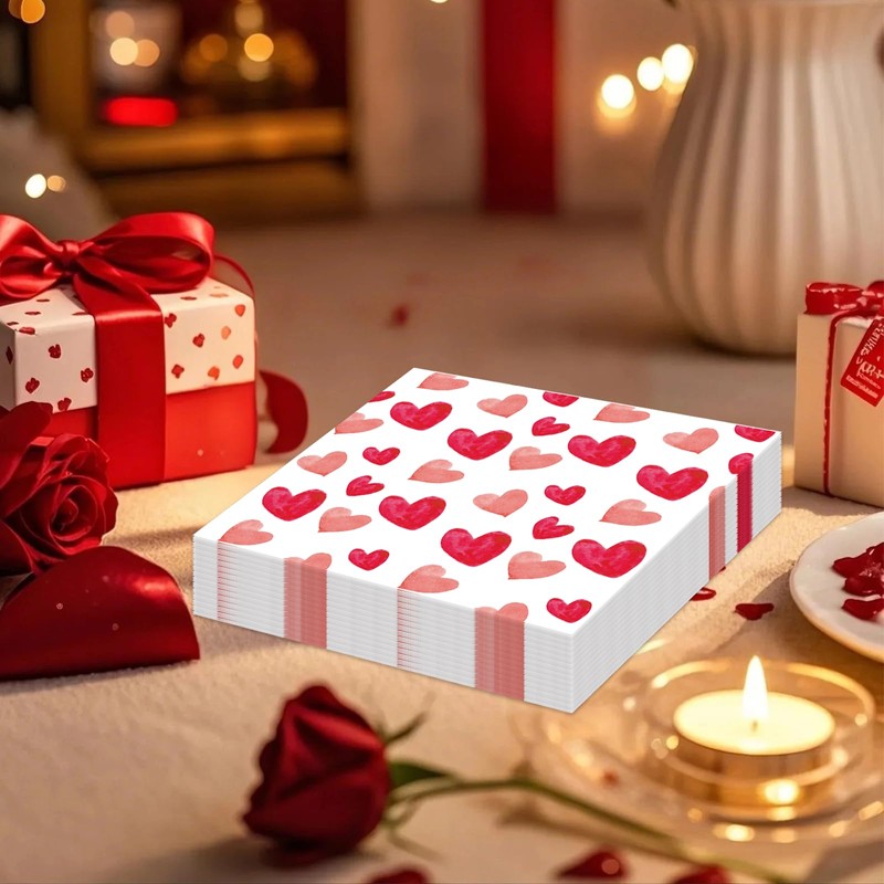 60 Pack Valentine's Day Napkins Paper, Pink Heart Napkins, 6.5
