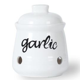 HAOTOP Garlic Keeper with Lid, Ceramic Mini Garlic Saver Container for Countertop, Farmhouse Kitchen Decor