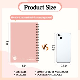 Lewtemi 6 Pack Small Left Handed Notebook 8"x5" Lefty Spiral Notebooks Wire Bound Mini Notebook 50 Sheets College Wide Ruled Paper Journal(Colorful)