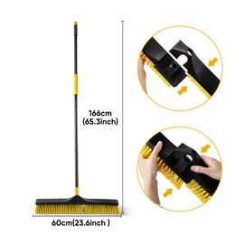 Yocada 24 inch Push Broom Brush 65.3 inch Long Handle Stiff Bristles Heavy-Duty Outdoor Commercial Broom for Cleaning Bathroom Kitchen Patio Garage Deck Concrete Wood Stone Tile Floor