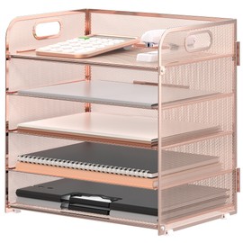Supeasy 5 Trays Paper Organizer Letter Tray with Handle-Mesh Desk File Organizer, Paper Sorter Desk Organizer for Office, Home or School (Rose Gold)