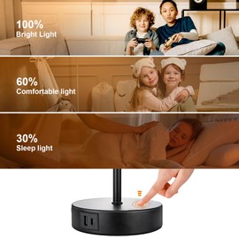 Wondlumi Touch Control Bedside Lamps, 3 Way Dimmable Black Table Lamp with 2 USB Charging Ports, Touch Lamps Bedside with Silver Shade for Living Room and Bedroom, 6W Warm White LED Bulbs Included