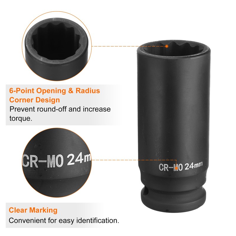 sourcing map 12-Point Deep Impact Socket 1/2 Inch Drive 24mm