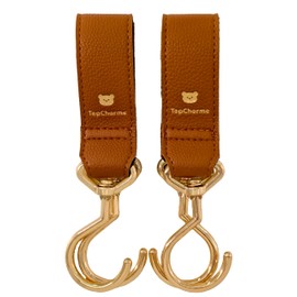Topcharme Baby Stroller Hooks, Buggy Hooks, Pet Car Hooks, 360 Degree Rotation, Synthetic Leather, Alloy, Double Hooks, Luggage Hooks, Baby Stroller Accessories, Baby Supplies, Car Supplies, Auto Supplies, 132.3 lbs (60 kg), Set of 2 (Brown, Double Hooks
