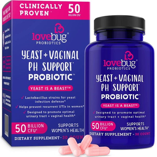 Lovebug Yeast + Vaginal pH Support | Clinically Studied Ingredients for Yeast & UTIs | Multi Strain 50 Billion CFU | 30 Capsules