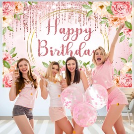 Sensfun Pink Floral Birthday Backdrop Banner Women Rose Gold Birthday Decorations Pink Gold Glitter Flower Bday Photography Background for Girl Kid Happy Birthday Party Supplies Photo Booth Prop 7x5ft