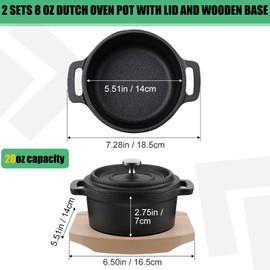 Suttmin 2 Sets 20 oz Dutch Oven Pot with Lid and Wooden Base Pre Seasoned Cast Iron Casserole Mini Cast Iron Pot Round Cocotte with Handle Heavy Duty Casserole Dish for Grill Oven Black