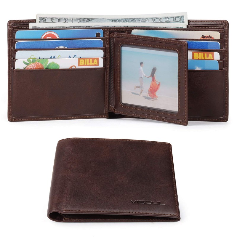 VISOUL Men's Leather Wallet with ID Window and RFID Protection,
