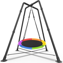 Swing Set with 35'' Saucer Swing, Sensory Swing Set, Metal Swing Stand with Saucer Swing, X-Shaped Swing Frame, Hammock Chair with Stand, w/4 Ground Stakes, for Indoor and Outdoor 330LBS (Multicolor)