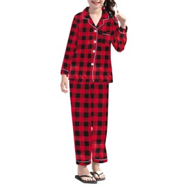 Umeyda Satin Pajamas Sets for Girls, 2 Pcs Sleepwear Silk Button-Down Pj Set Loungewear, Christmas Red Black Plaid, 5-6 Years = Tag 130