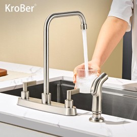 KroBer Kitchen Faucet with Sprayer, Kitchen Sink Faucet, Brushed Nickel 4 Hole 8 Inch Centerset RV Faucet for Kitchen Sink, Stainless Steel Kitchen Faucet with Side Sprayer