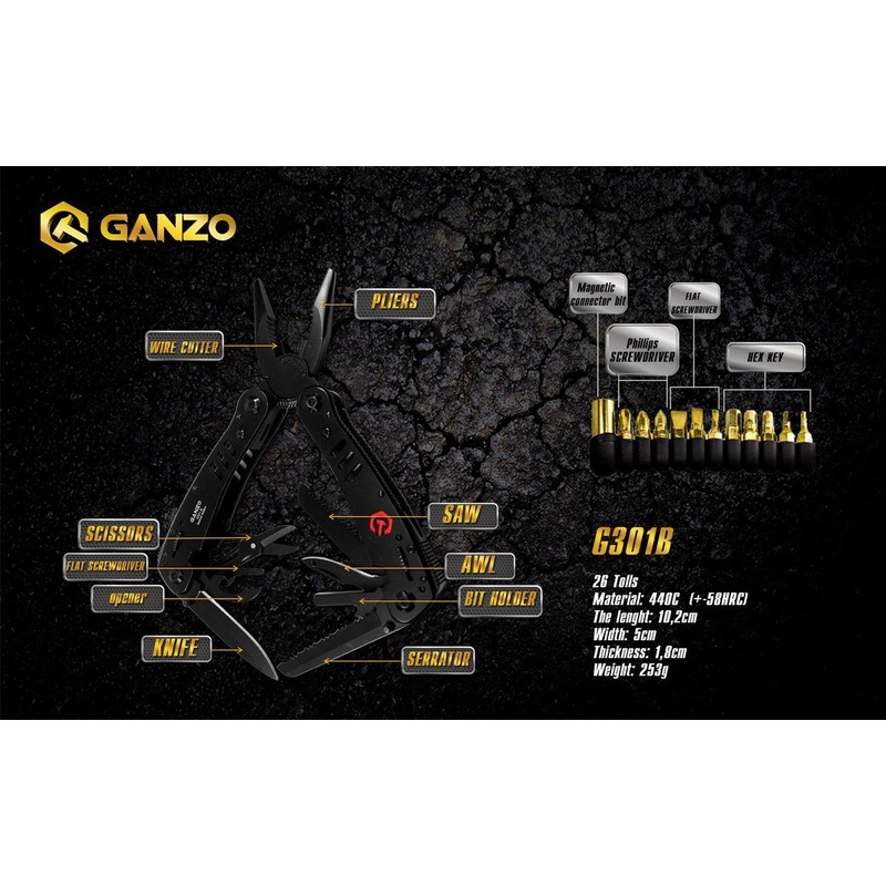Ganzo Multitool G301-B/H Nylon Case, Interchangeable Bits, Colour: Black