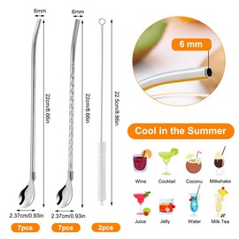 Pack of 16 Straws with Spoons, 2 in 1 Straws Spoons Stainless Steel, 14 Pieces Straw Spoons with 2 Pieces Cleaning Brush, Spoon Straws Reusable for Latte Macchiato Milkshakes Cocktail