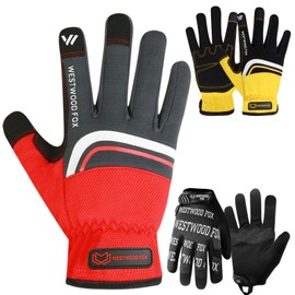 WESTWOOD FOX Work Gloves for Men & Women, Working Gloves Touch Screen, Flexible Yard Work Gloves Utility Mechanic (Black Red, Large)