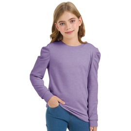 Girls Puff Sleeve Cute T Shirts Kids Fall Tops Crewneck Clothes Loose Fit 5-14Y Light Purple