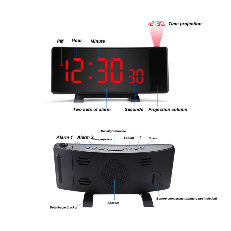 Projection Alarm Clock with 2 USB Ports LED Curved Display