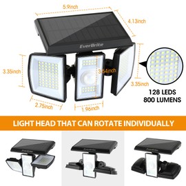 EverBrite 2PK Solar Motion Sensor Lights, 3 Heads, IP65 Waterproof Outdoor
