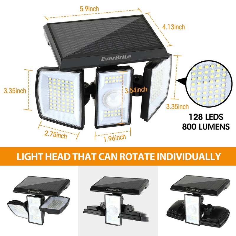 EverBrite 2PK Solar Motion Sensor Lights, 3 Heads, IP65 Waterproof