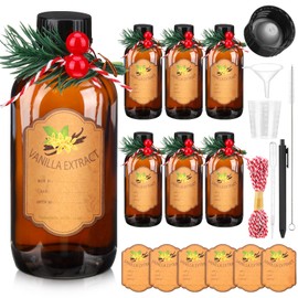 HairChrysm 6Pack 4 Oz Amber Glass Bottles for Homemade, Vanilla Extract Bottle Jars for Making Vanilla Extract,Brown Glass Bottles with Christmas Berry Branch,Funnel,Brush,Rope,Stickers