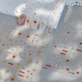 Gold Star Nail Stickers Silver Gold Nail Stickers for Nail Art Heart Sun Moon Bow Nail Decals 5D Self-Adhesive Nails Supplies for Women DIY Manicure Nail Art Decorations 2 Sheets