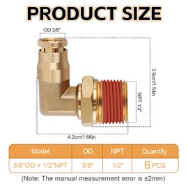6PCS DOT Quick Push to Connect Brass Air Brake Fitting, Kalolary Brass 90 Degree Elbow DOT Line Fittings 3/8" OD×1/2" NPT Thread Air Brake Line Fittings Air Suspension Kit Air Hose Repair Kit