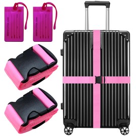 2 Pack Luggage Straps and 2 Pack Tags Sets for Suitcases, 2M x 5cm Adjustable Suitcase Belts with Quick Release Buckle, Bag Strap Case Belts - Pink