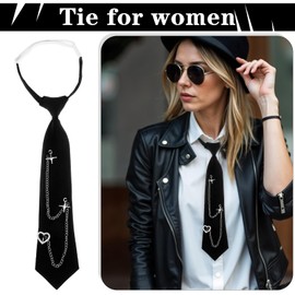 HJZHII Black Tie for Women, Ties with Punk Metal Chain, Pre-Tied Slim Punk Metal Chains Tie for Shirts, Uniforms, Parties, Casual Accessories