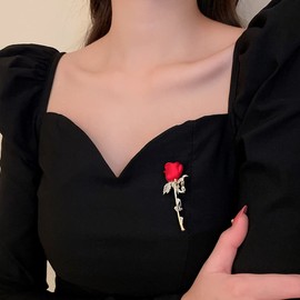 QUSIIOSLK Red Rose Flower Rhinestone Brooch Pin Shining Crystal Floral Brooch Good Idea for Party Dance Wedding Banquet for Elegant Women Girl Jewelry Christmas/Valentine's