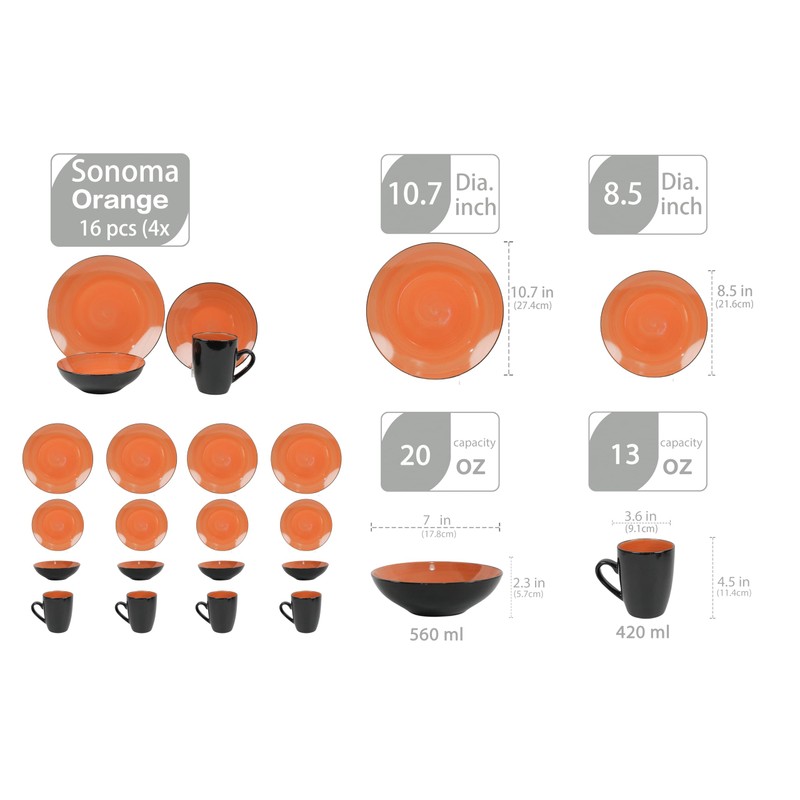 HomeVss Sonoma 16 Piece Stoneware Dinner Set, Outside Black +