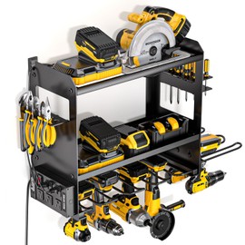 YYR Power Tool Organizer Wall Mount with Charging Station, Cordless Tools Hanger and Battery Storage Rack for Garage Organization, Heavy Duty Drill Holder Shelf Build in Metal Power Strip - Black