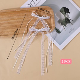 Piriuuo 2 Pcs White Lace Bow, Hair Ribbon Clips with Long Tail Elegant Lace Hair Ribbons for Women White Lace Hair Bow Lace Bow Clip Coquette Hair Accessories for Women Girls