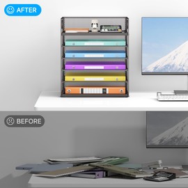 6 Tiers Letter Tray Paper Organizer With Handle, Mesh Desk File Organizer, Metal Desktop Document Shelf, Paper Sorter for Office, Home or School File Folder Holder - Grey