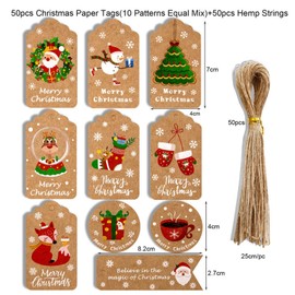 Christmas Gift Tags, Kraft Paper Christmas Tags, Pack of 100 Vintage Xmas Kraft Paper Tags, Christmas Labels, Paper Gifts with Jute String for Christmas Holidays Gifts