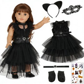 18 Inch Doll Clothes and Accessories 6 Pcs American 18 Inch Girl Doll Clothes Set Include Black Dress Socks Eye Mask Headband Neck Strap Sticker Halloween Baby Doll Clothes for Girls